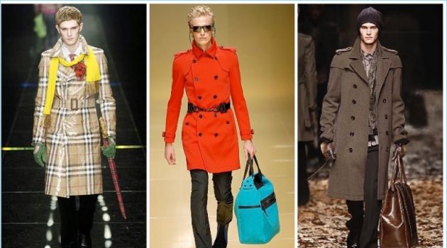 The Burberry trench is revisited by Christopher Bailey. Left to Right: Fall/Winter 2005, Spring/Summer 2008, and Fall/Winter 2008