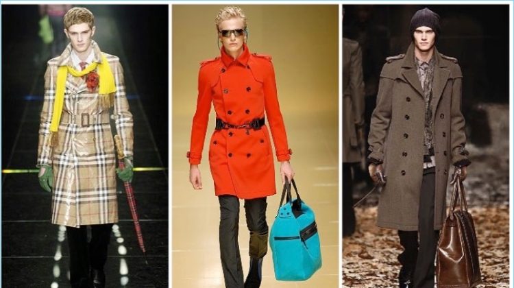The Burberry trench is revisited by Christopher Bailey. Left to Right: Fall/Winter 2005, Spring/Summer 2008, and Fall/Winter 2008