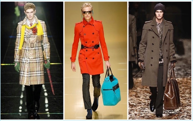 The Burberry trench is revisited by Christopher Bailey. Left to Right: Fall/Winter 2005, Spring/Summer 2008, and Fall/Winter 2008