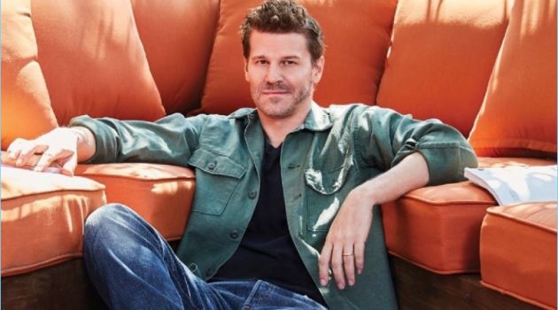 David Boreanaz Connects with Watch!, Talks Television Success David Boreanaz wears a Dixxon flannel shirt with a t-shirt and jeans by RRL. Boreanaz also wears Role Club boots.