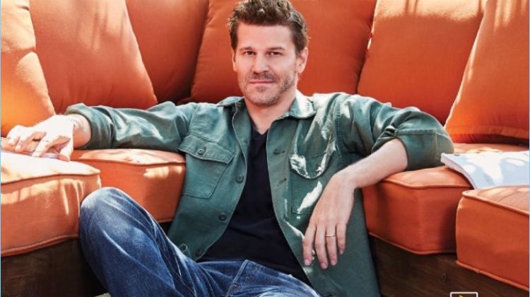 David Boreanaz wears a Dixxon flannel shirt with a t-shirt and jeans by RRL. Boreanaz also wears Role Club boots.