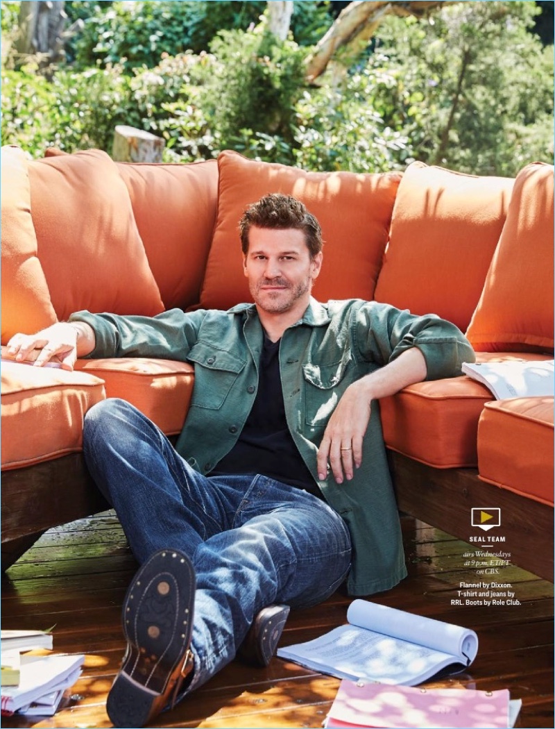 David Boreanaz wears a Dixxon flannel shirt with a t-shirt and jeans by RRL. Boreanaz also wears Role Club boots.