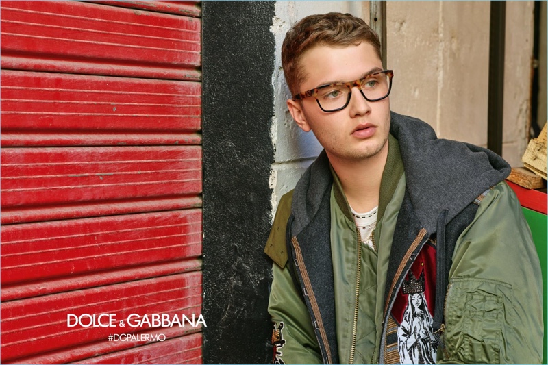Rafferty Law dons optical frames for Dolce & Gabbana's fall-winter 2017 campaign.