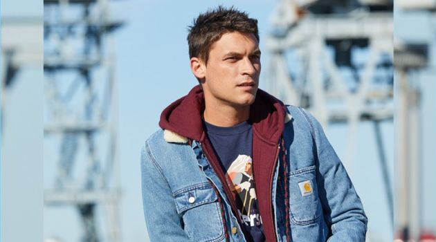Streetwear Redux: East Dane Unveils 4 Throwback-Inspired Looks So Faded: Miles Garber doubles down on denim with a Carhartt WIP jacket and A.P.C. New Standard stretch jeans. He also wears a Paterson tee and Alexander Wang fleece hoodie.