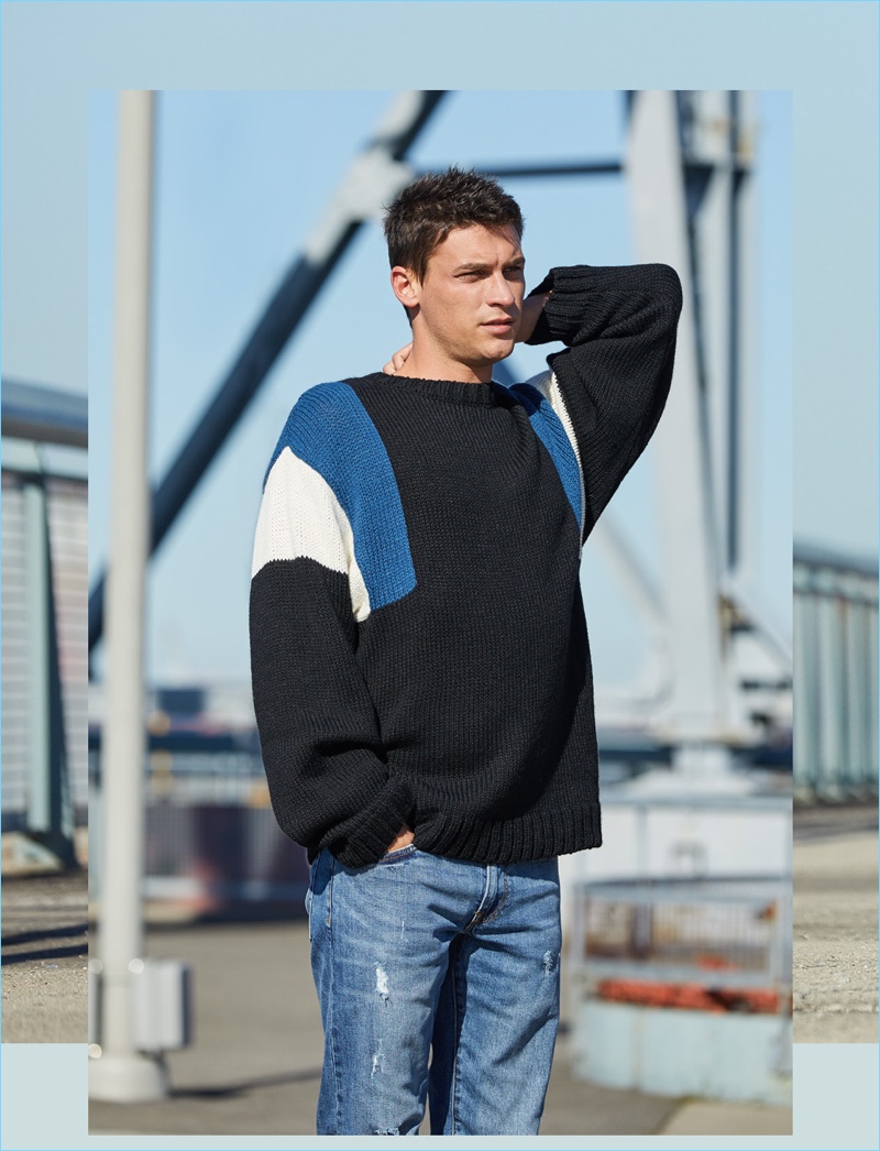 Size Up: Going casual, Miles Garber models a Patrik Ervell sweater with Club Monaco jeans.