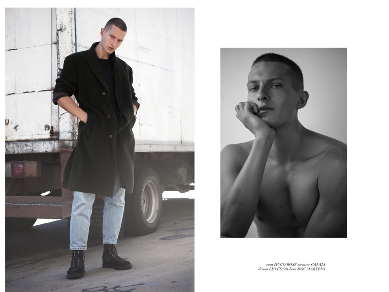 Dmitry wears coat Hugo Boss, sweater Canali, jeans Levi's, and boots Dr Martens.