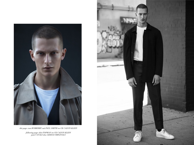 Left: Dmitry wears trench Burberry, suit Paul Smith, and t-shirt CK Calvin Klein. Right: Dmitry wears shirt Topman, t-shirt CK Calvin Klein, pants Canali, and sneakers Adidas Originals.