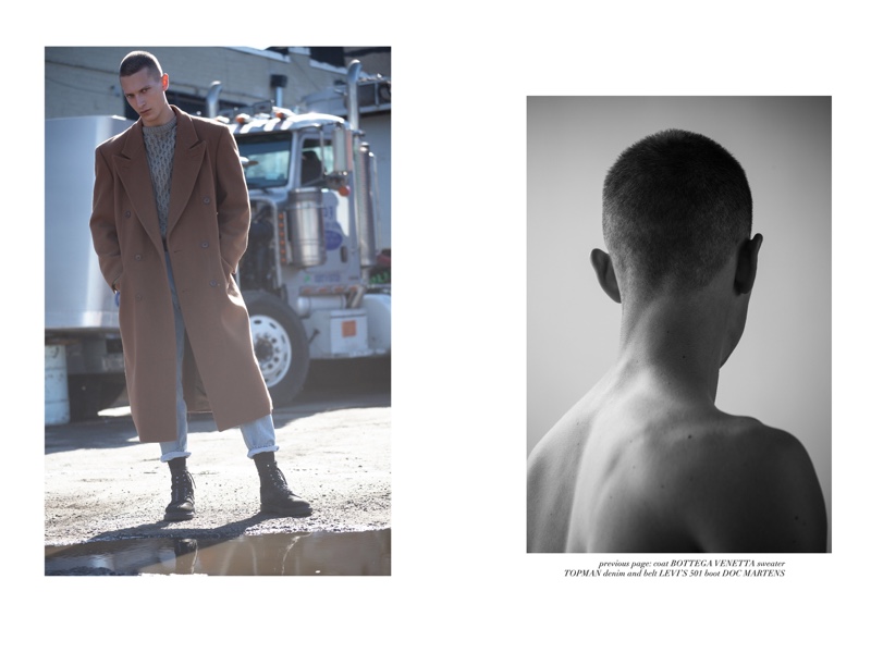 Dmitry wears coat Bottega Veneta, sweater Topman, boots Dr Martens, jeans and belt Levi's.