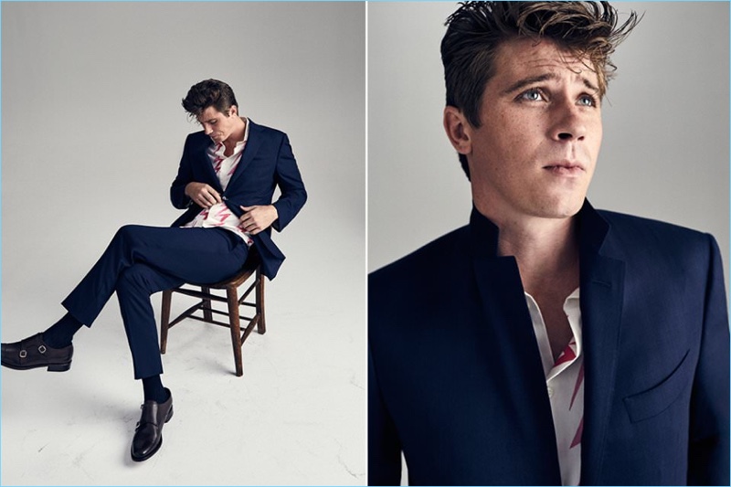 Garrett Hedlund dons a Prada suit with a Visvim shirt and John Lobb shoes.