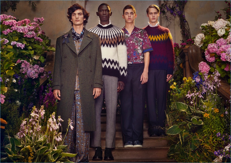Luca Lemaire, Fernando Cabral, Hero Fiennes-Tiffin, and Neels Visser star in the H&M x ERDEM campaign.