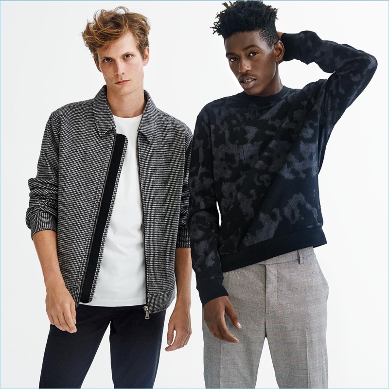 Left: Felix Gesnouin wears a H&M houndstooth jacket with slim-fit pants and a t-shirt. Right: Sheani Gist sports a jacquard-knit sweater and check suit pants.