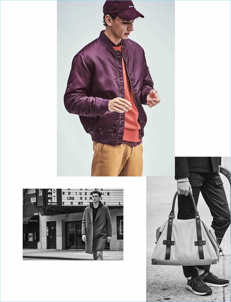 Making a case for color, Thibaud Charon wears a burgundy padded bomber jacket $59.99 from H&M. He also sports a red oversize sweatshirt $29.99, a dark red oxford shirt $29.99, and camel chinos $17.99.