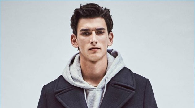 Outerwear Update: Thibaud Charon Models H&M Outerwear Embrace classic style with H&M's dark blue wool-blend peacoat $119 and satin biker pants $34.99.