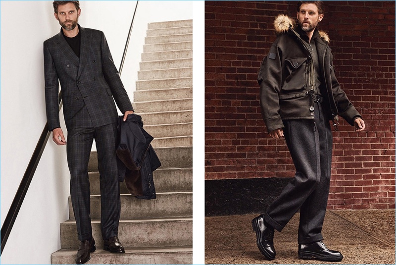 Left: RJ Rogenski suits up in Brioni. Right: The American model wears BOSS by Hugo Boss.