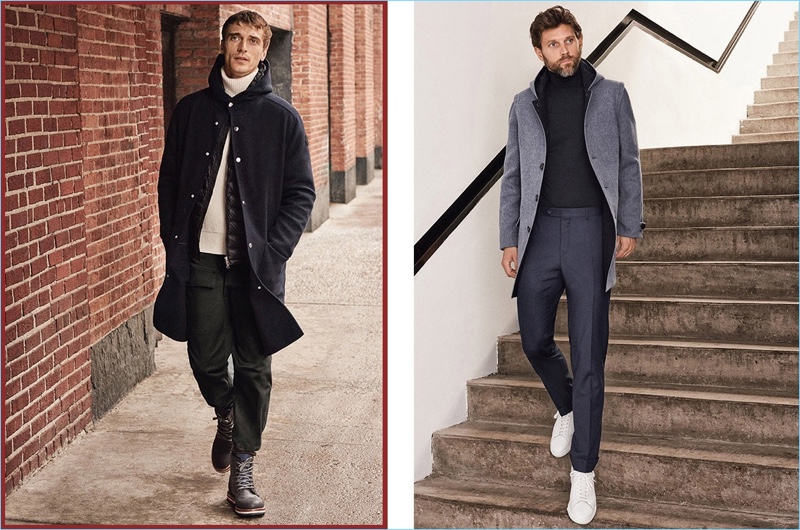 Taking a stroll, Clément Chabernaud wears a Moncler look. Right: RJ Rogenski wears LodenTal.