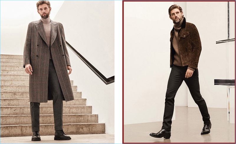 Holt Renfrew enlists RJ Rogenski for its fall style edit. Sporting a double-breasted Canali coat, RJ wears a Berluti look on the right.