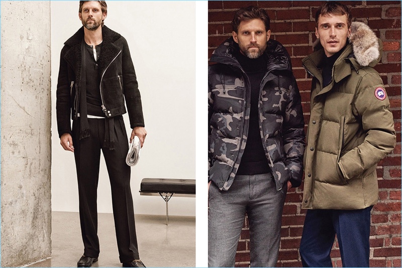 Left: RJ Rogenski wears Tom Ford. Right: Models RJ Rogenski and Clément Chabernaud rock outerwear from Canada Goose.