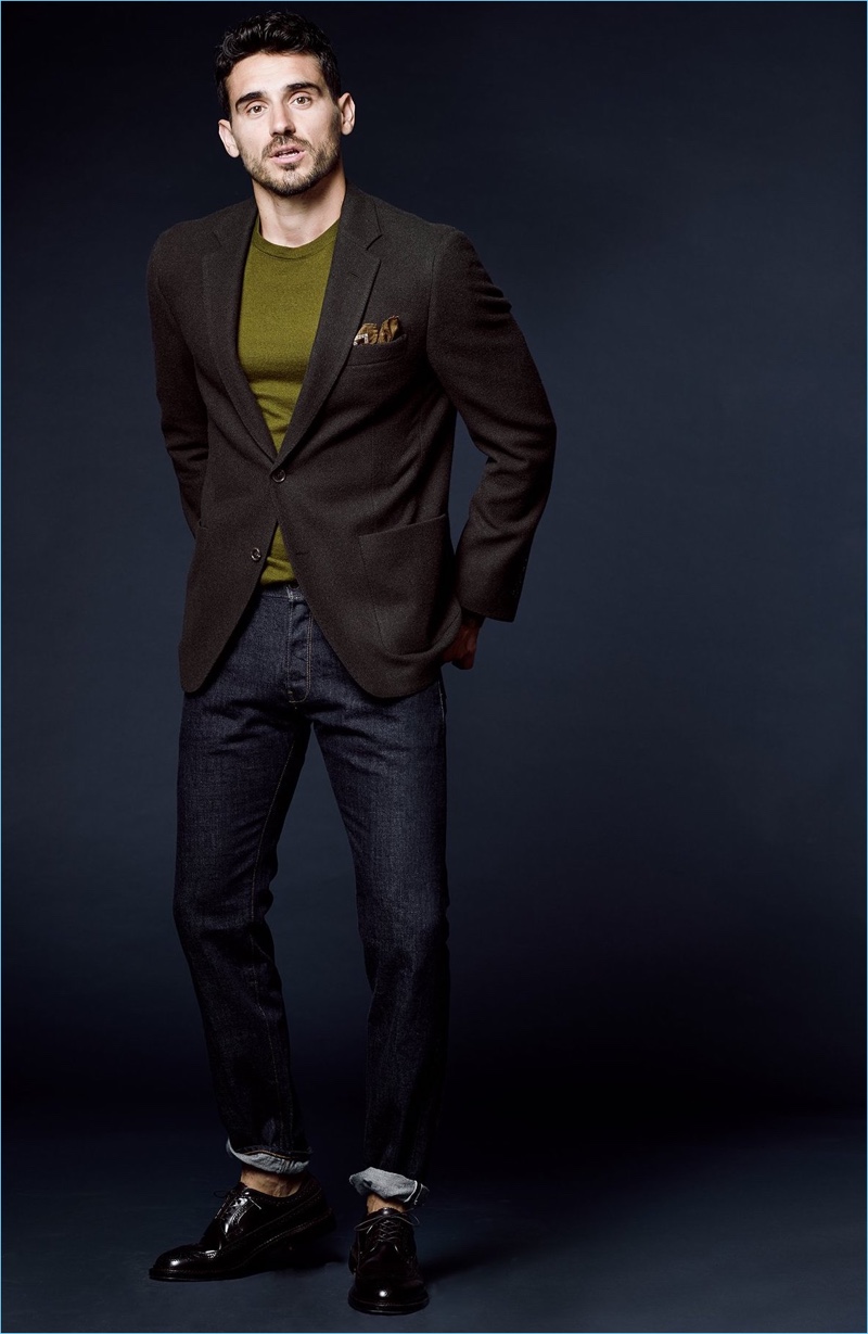 The Cashmere Sweater: Top model Arthur Kulkov easily pulls off a Todd Snyder cashmere sweater with the brand's Black Label sport coat. Arthur completes the perfect date night ensemble with Todd Snyder jeans and Alden shoes.