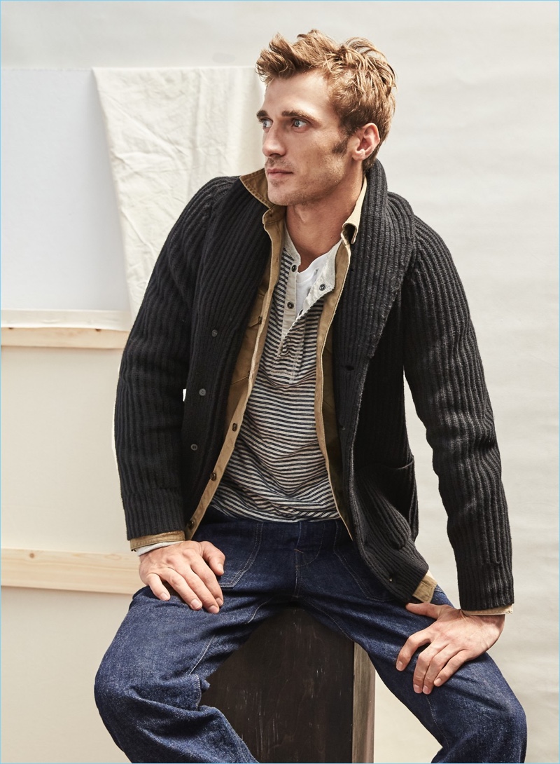 Layering for fall, Clément Chabernaud models a J.Crew double-knit stripe henley. He pairs it with a J.Crew broken-in v-neck t-shirt. Wallace & Barnes Japanese indigo jeans and a work shirt also come into play.