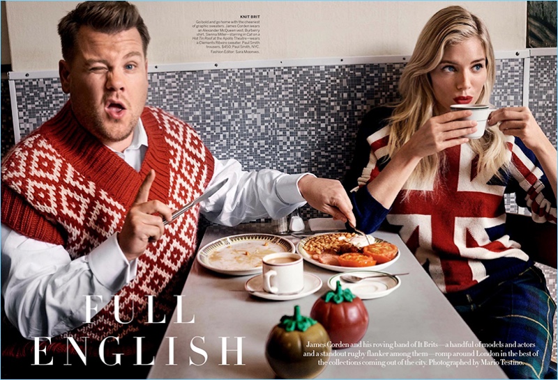 James Corden joins Sienna Miller for a Vogue photo shoot. Corden wears an Alexander McQueen sweater vest with a Burberry shirt.