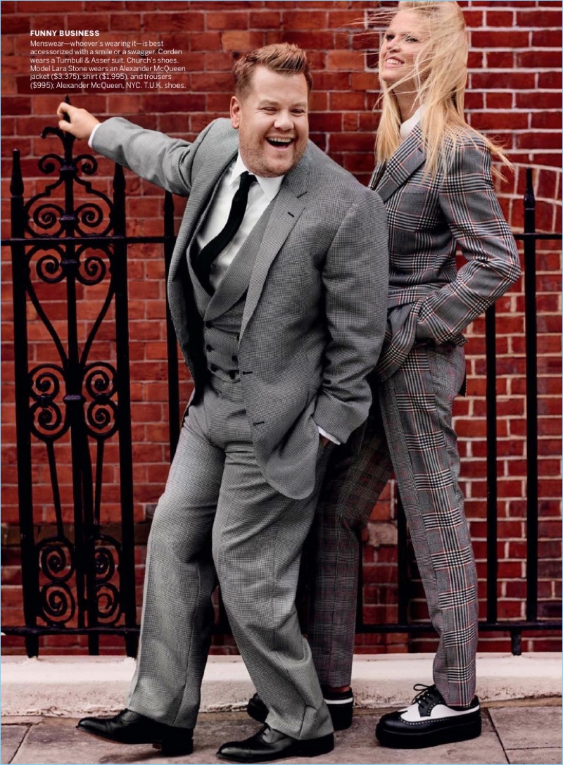 All smiles, James Corden connects with model Lara Stone. He wears a Turnbull & Asser suit with Church's shoes.