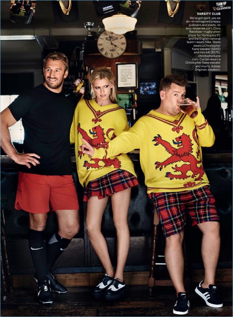 Chris Robshaw joins in on the fun as James Corden wears a Christopher Kane sweater and shorts. His look is complete with Adidas Originals sneakers.