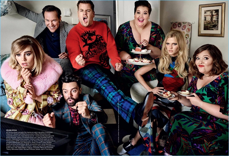 Actors Bertie Carvel and Dominic Cooper watch television with James Corden. Corden's sisters as well as models also appear in the image. Carvel wears a Turnbull & Asser suit with a John Smedley shirt. Cooper dons a Paul Smith suit and shirt. Finally, Corden rocks a Stella McCartney sweater.