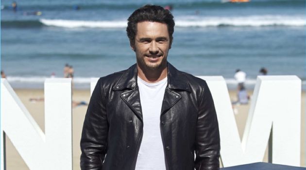 James Franco embraces effortless style in a leather jacket by Salvatore Ferragamo.