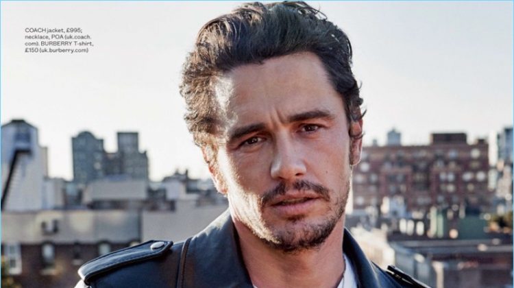 Sporting a Coach leather biker jacket, James Franco also wears a Burberry t-shirt.