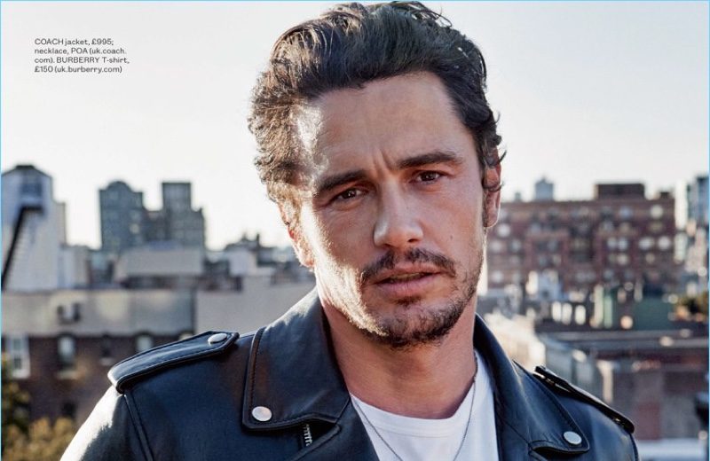 Sporting a Coach leather biker jacket, James Franco also wears a Burberry t-shirt.