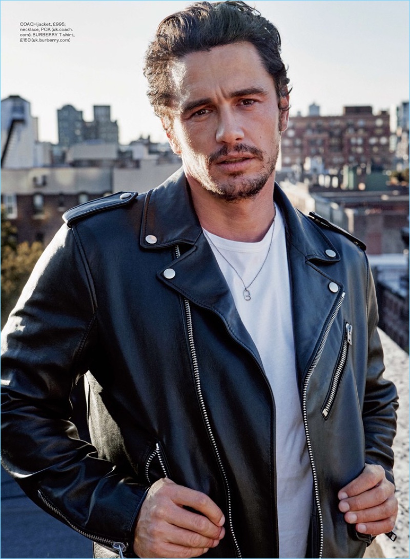 Sporting a Coach leather biker jacket, James Franco also wears a Burberry t-shirt.