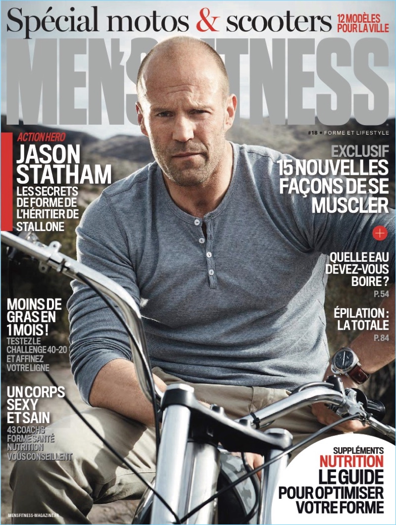 Sitting on a motorcycle, Jason Statham covers Men's Fitness France.