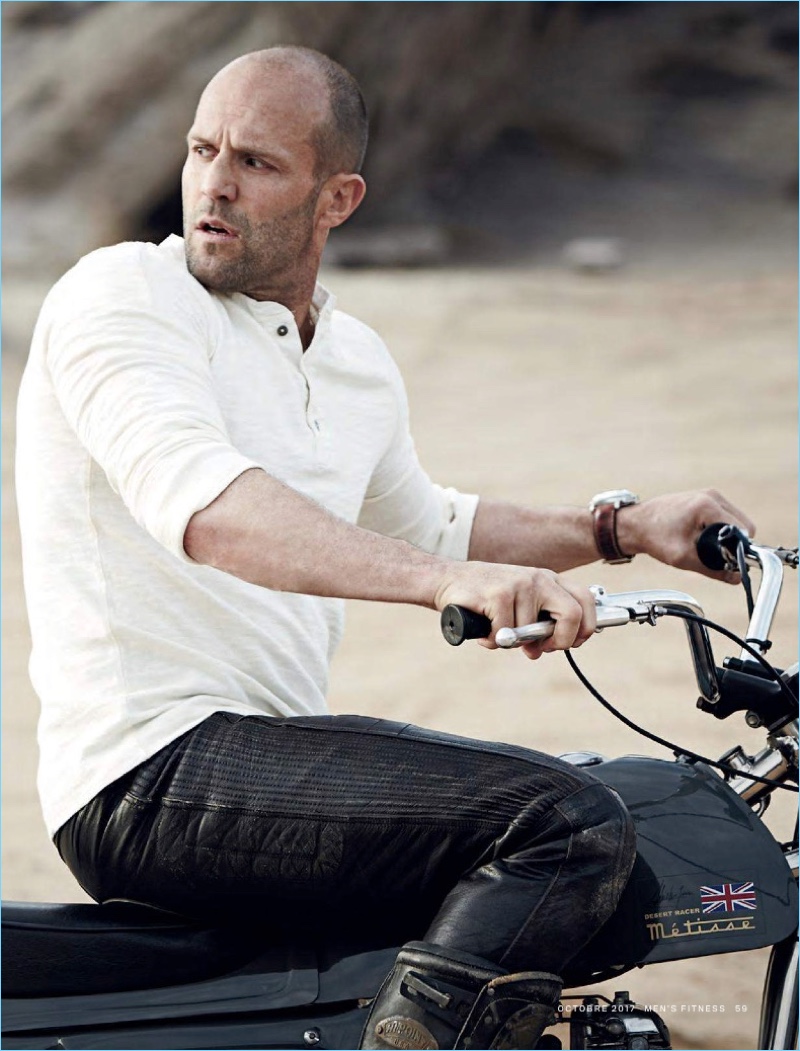Connecting with Men's Fitness France, Jason Statham rocks a pair of leather pants with a henley.