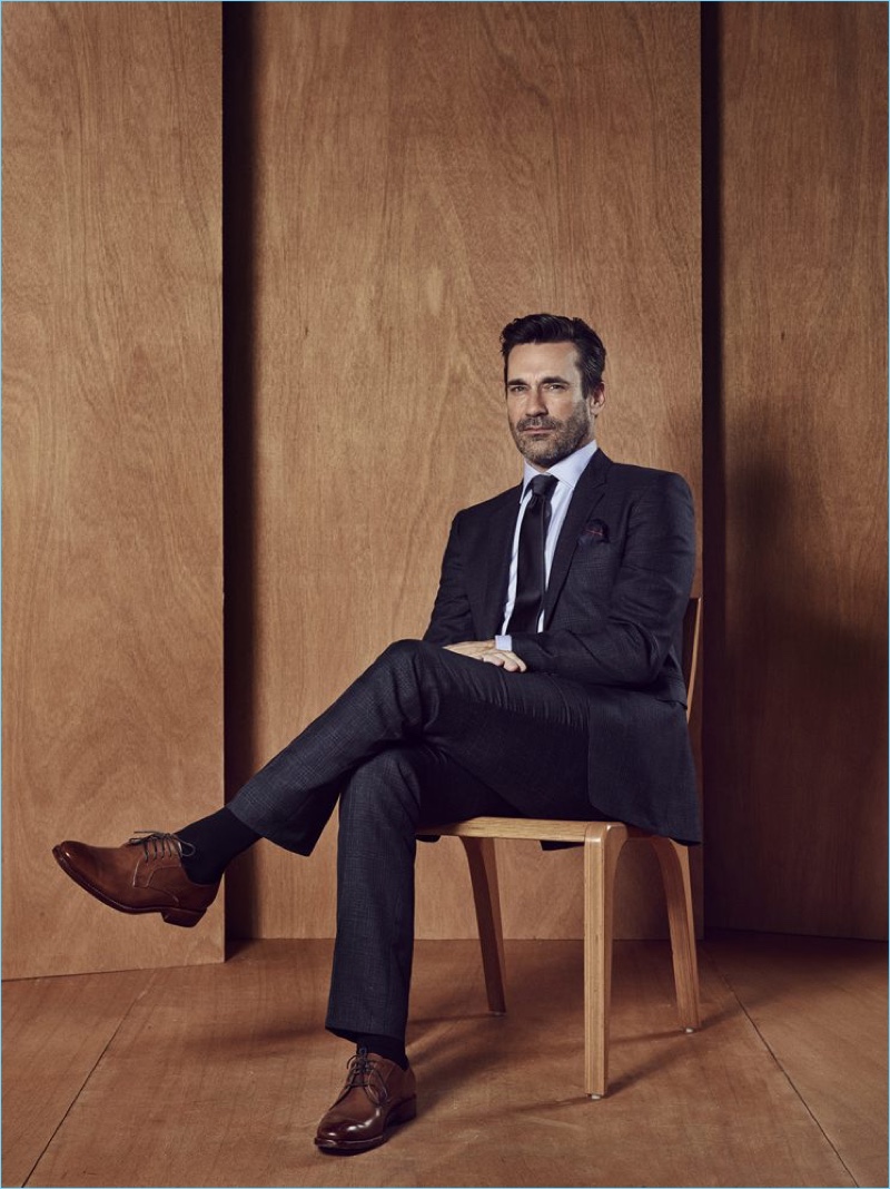 Suiting up, Jon Hamm poses for Baby Driver promotional images.