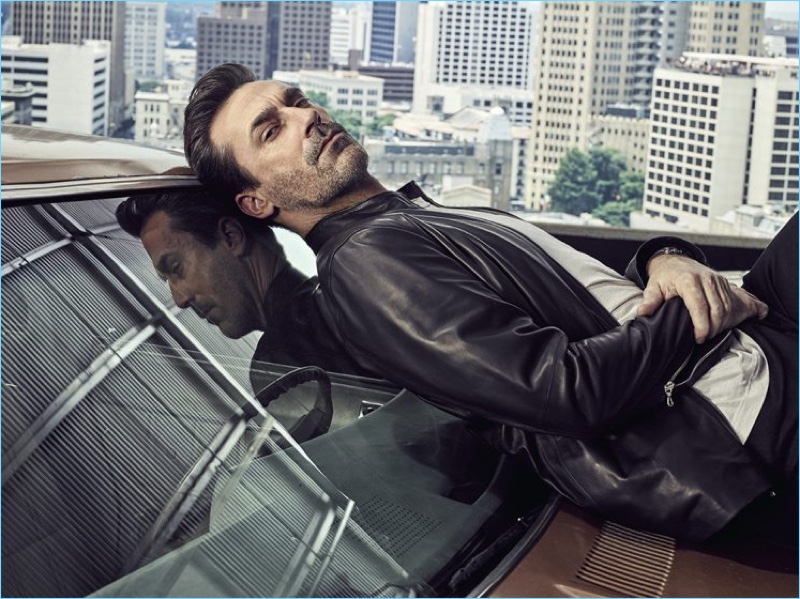 Sporting a leather jacket, Jon Hamm is a cool image.