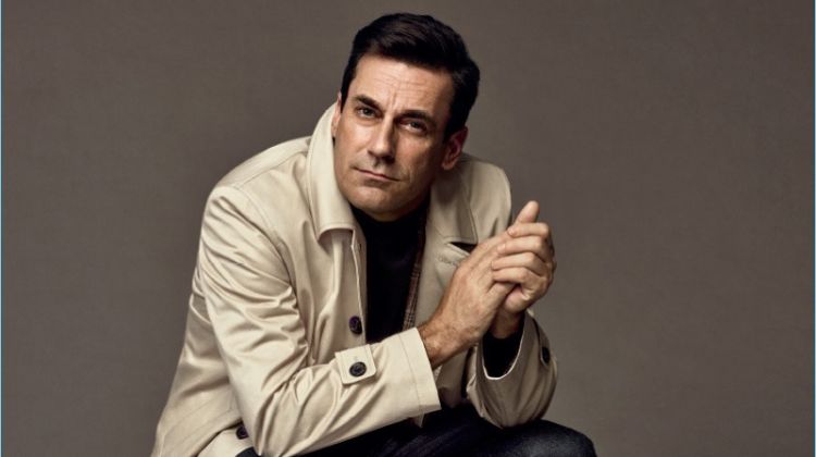 Jon Hamm dons a trench coat and boots for Emidio Tucci's fall-winter 2017 campaign.