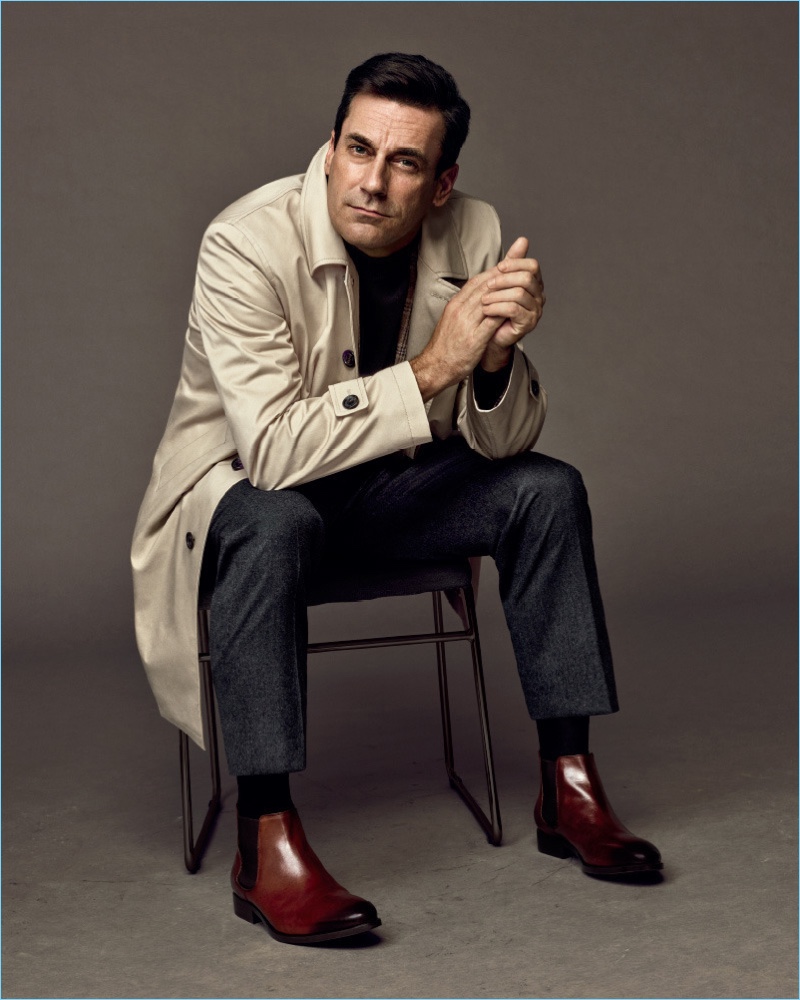 Jon Hamm dons a trench coat and boots for Emidio Tucci's fall-winter 2017 campaign.