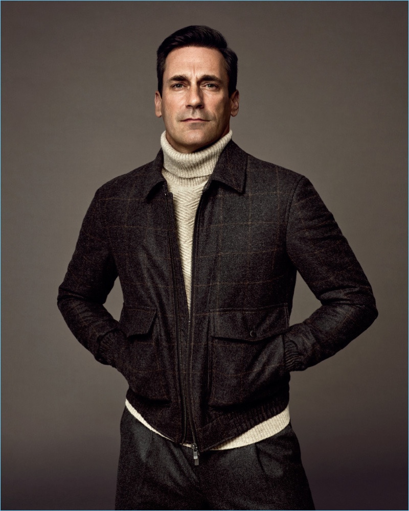 Actor Jon Hamm wears a turtleneck sweater and blouson jacket for Emidio Tucci's fall-winter 2017 campaign.