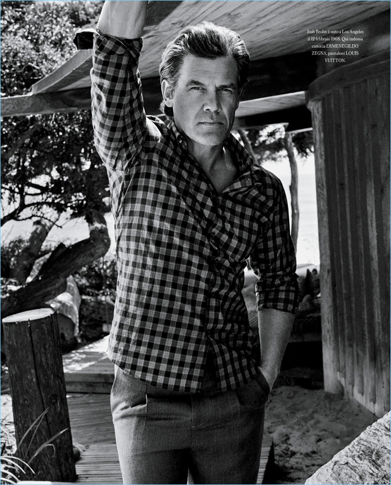 Actor Josh Brolin wears an Ermenegildo Zegna shirt with Louis Vuitton pants.