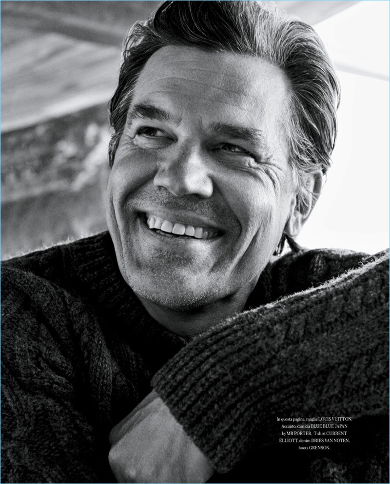 All smiles, Josh Brolin wears a Louis Vuitton sweater.