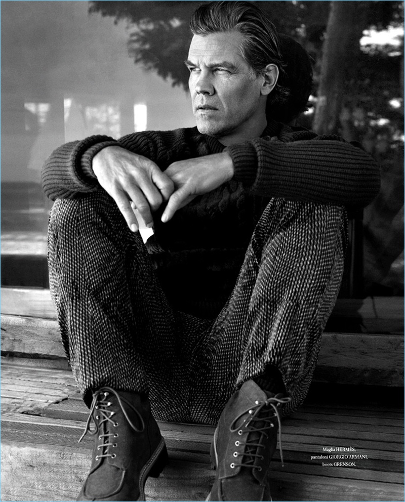 Appearing in a black and white image, Josh Brolin rocks a Hermès sweater with Giorgio Armani pants and Grenson boots. » Josh Brolin Covers ICON Panorama, Embraces Classic Style Appearing in a black and white image, Josh Brolin rocks a Hermès sweater with Giorgio Armani pants and Grenson boots.