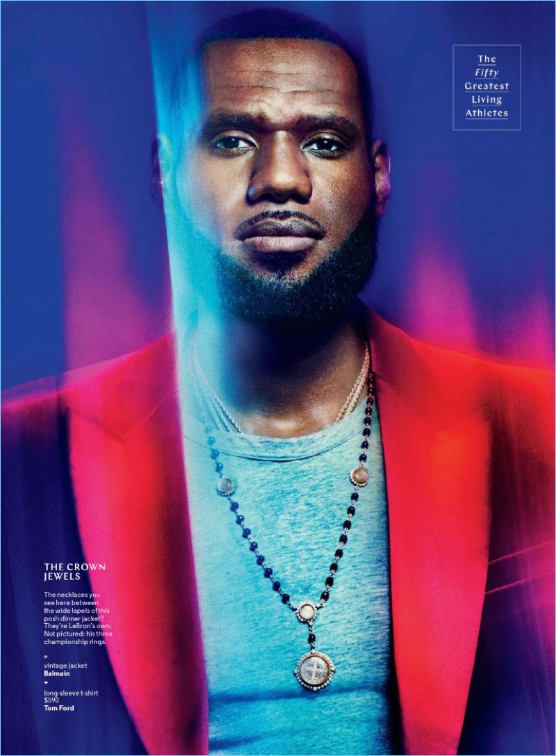 Donning a vintage Balmain jacket, LeBron James wears a Tom Ford t-shirt as well.