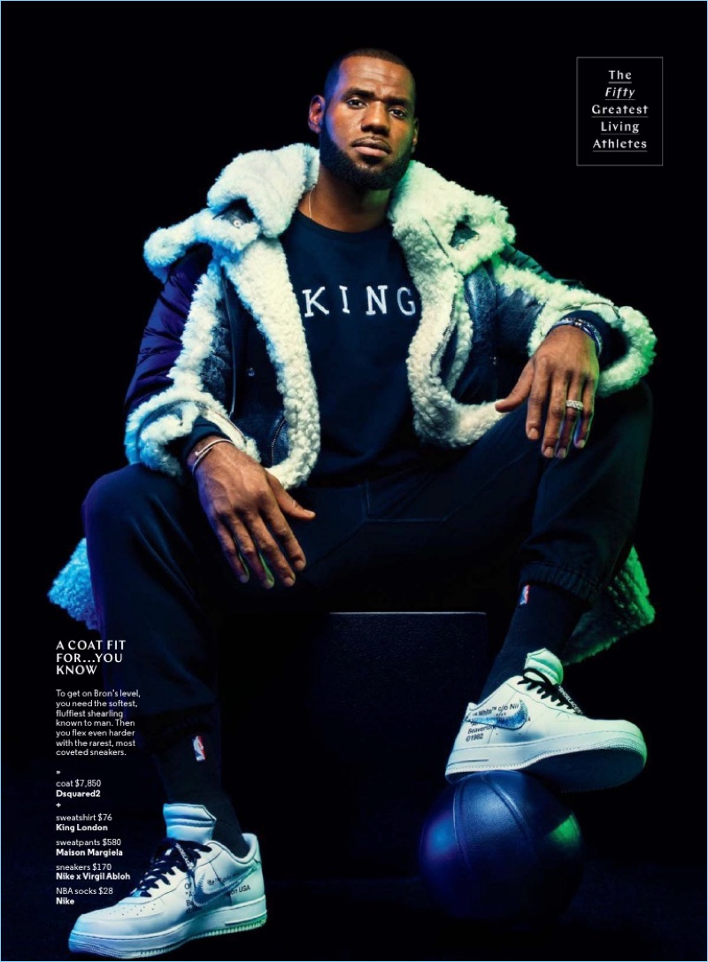 A regal image, LeBron James rocks a Dsquared2 shearling coat. He also sports a King London sweatshirt, Maison Margiela sweatpants, and Nike x Virgil Abloh sneakers.