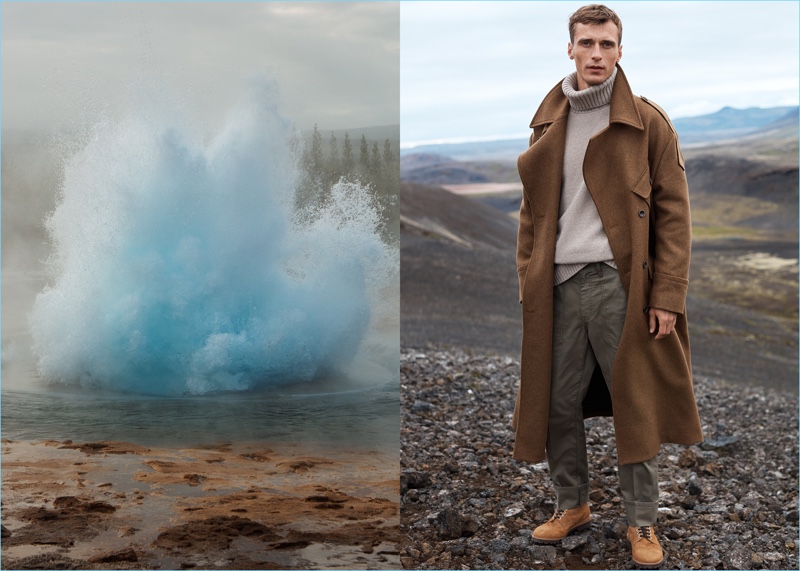 Clément Chabernaud dons a brown coat for Mango's fall-winter 2017 Committed campaign.