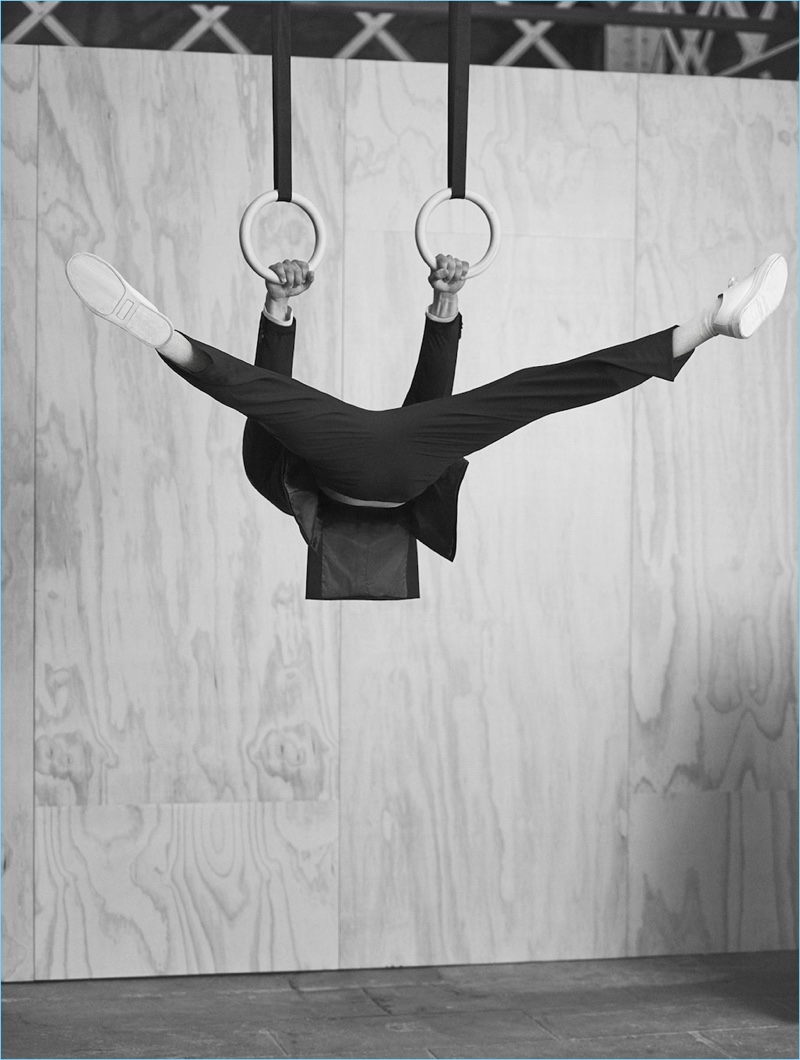 A movement teacher, Julius Hjernø showcases the flexibility of Mango Man's travel suit.