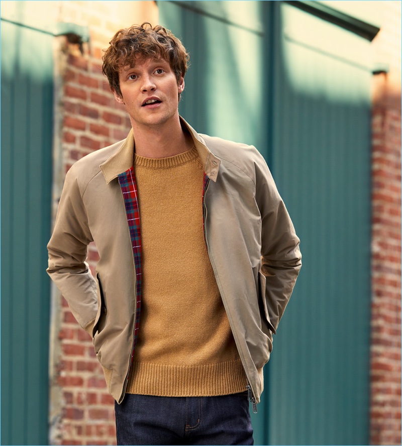 Classic style reigns as Matthew Hitt sports a Baracuta G9 Modern Classic jacket. Matthew also wears a camel colored A.P.C. sweater and jeans from Naked & Famous.