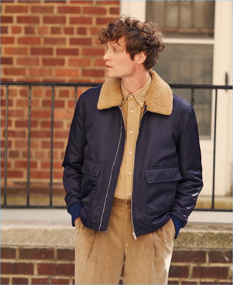 Take a style page from East Dane and go monochromatic. Model Matthew Hitt wears a MSGM sherpa collar flight jacket. He also rocks a Gitman Vintage corduroy shirt and E. Tautz corduroy trousers.