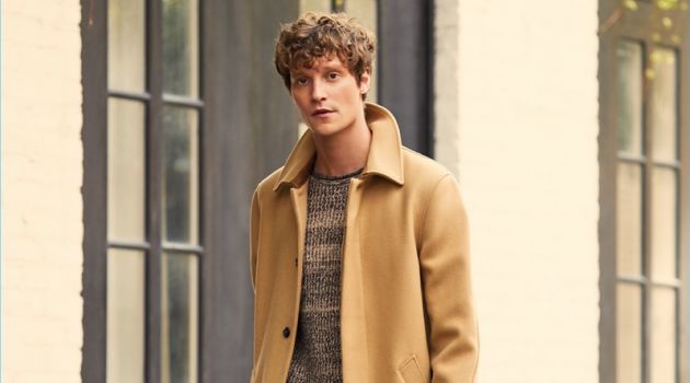 Camel Persuasion: East Dane Proposes Neutral Style A.P.C. makes a classic camel statement with its Mac overcoat. East Dane complements the essential with a Tomorrowland sweater and trousers. Complete the look with a Cambridge Satchel folio.
