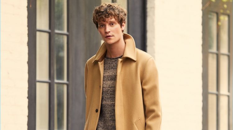 A.P.C. makes a classic camel statement with its Mac overcoat. East Dane complements the essential with a Tomorrowland sweater and trousers. Complete the look with a Cambridge Satchel folio.