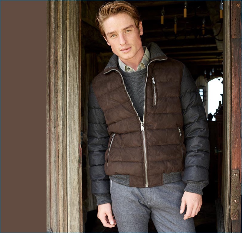 English model Patrick O'Donnell rocks a color blocked quilted jacket from Macy's.